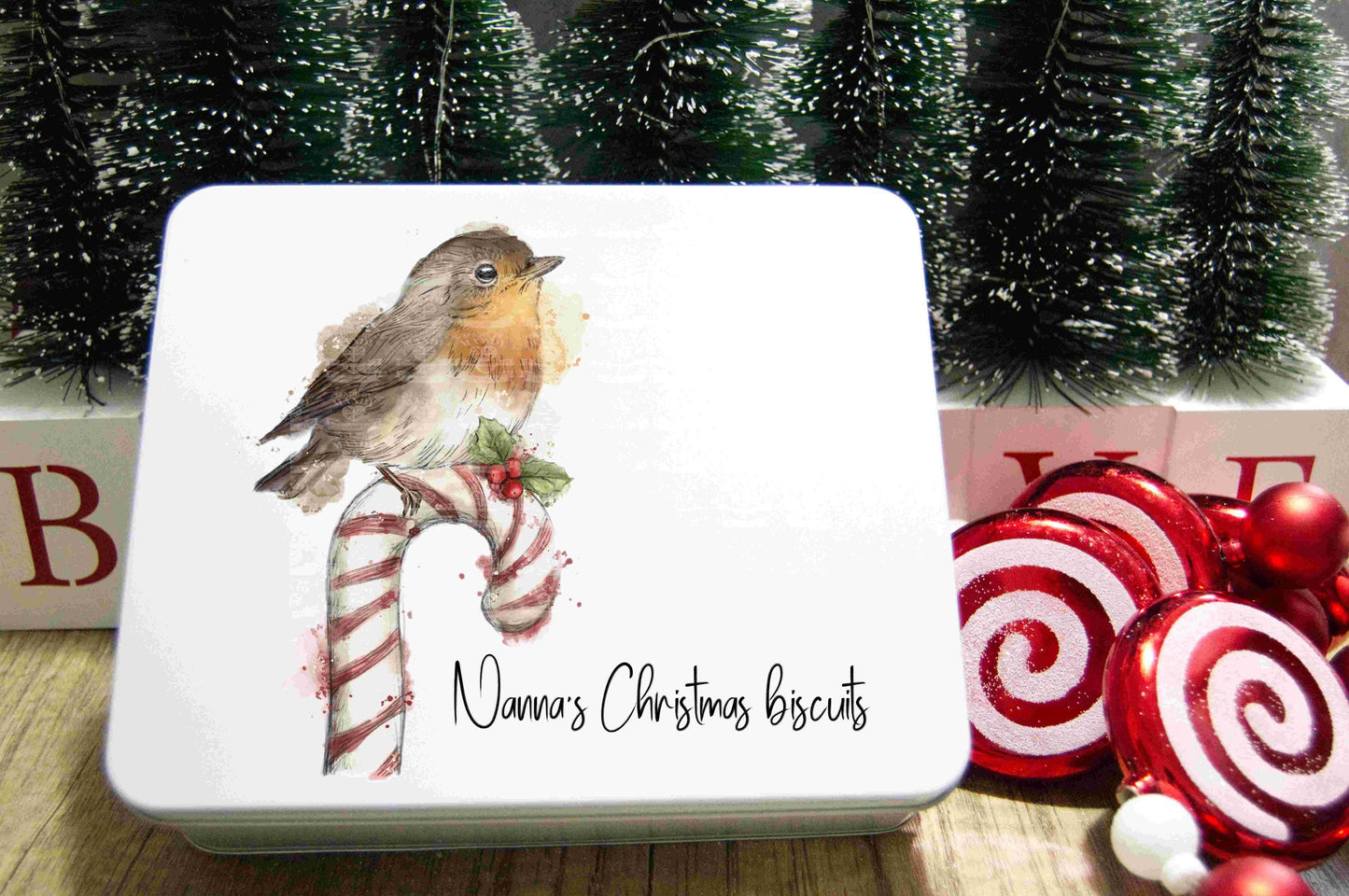 Personalised Biscuit cookie baking tin for treats, goodies snacks biscuits, storage, hand drawn Robin, Christmas, gift for Nan grandma Mum