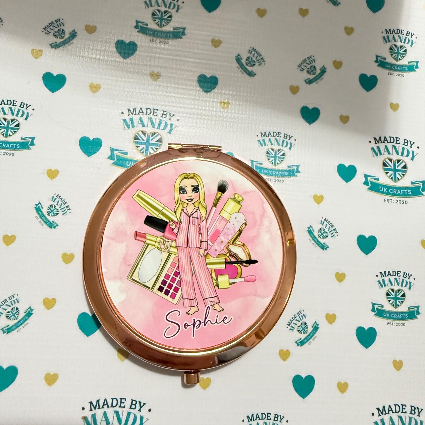 Personalised round rose gold compact pocket mirror with a pink make up girl in stripe pyjamas Teenager friend Sister Mum girl Gift
