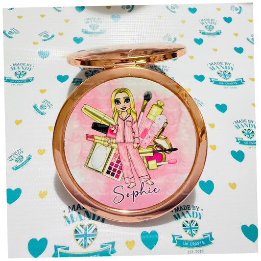 Personalised round rose gold compact pocket mirror with a pink make up girl in stripe pyjamas Teenager friend Sister Mum girl Gift