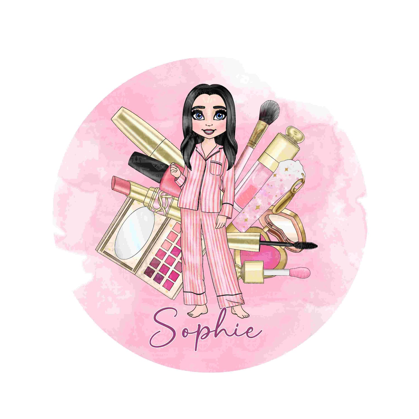Personalised round rose gold compact pocket mirror with a pink make up girl in stripe pyjamas Teenager friend Sister Mum girl Gift