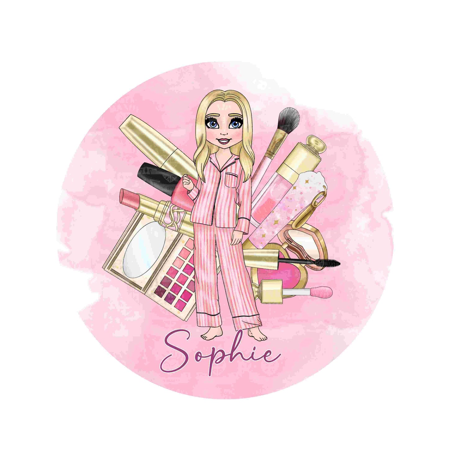 Personalised round rose gold compact pocket mirror with a pink make up girl in stripe pyjamas Teenager friend Sister Mum girl Gift