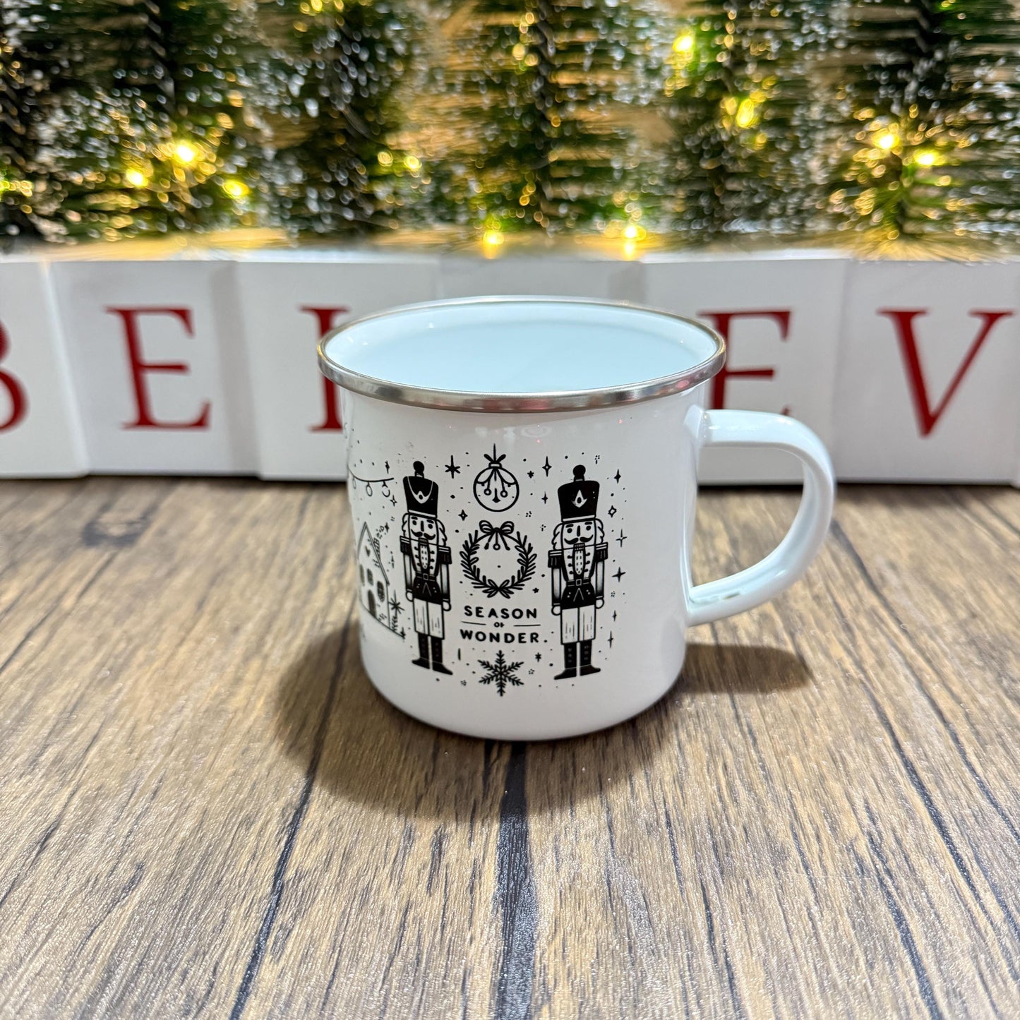 Enamel Mug Monochrome design stocking filler Christmas gift cute nutcrackers and Houses 12oz enamel mug