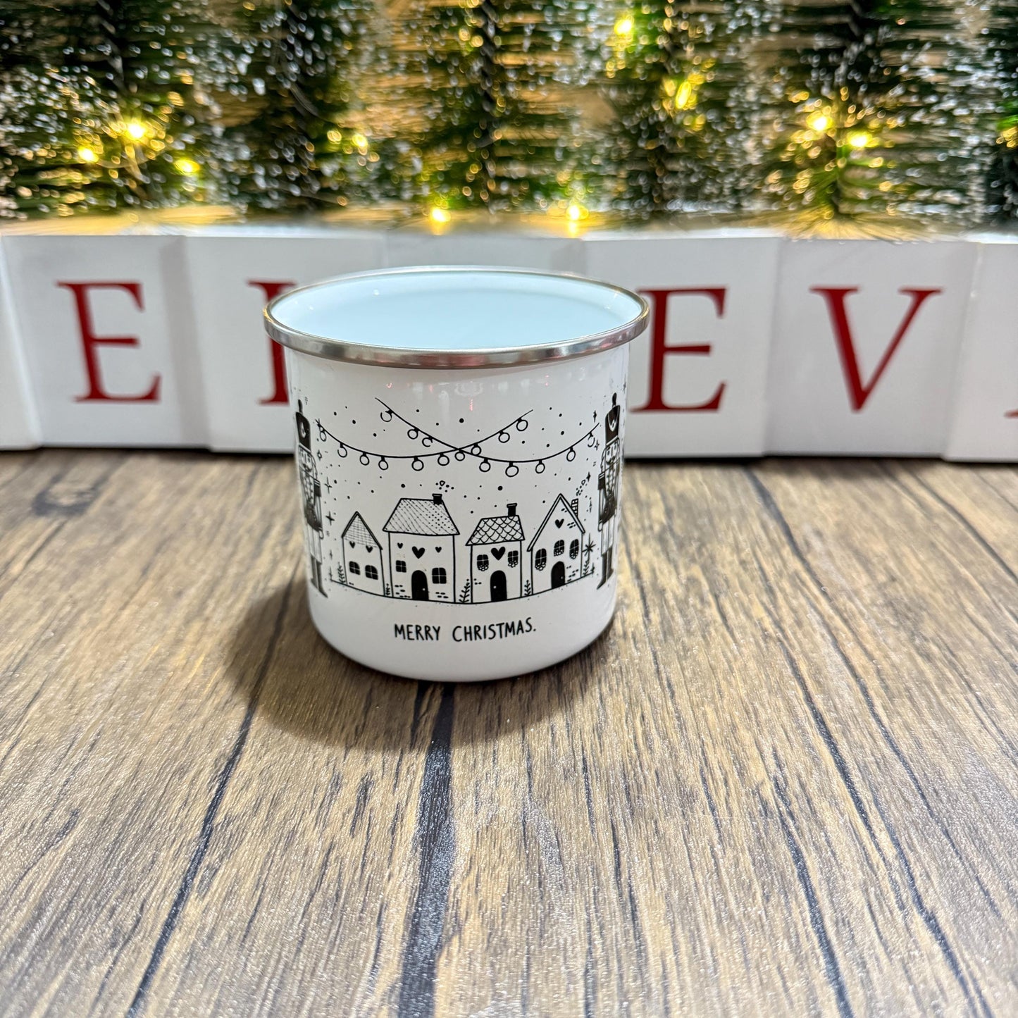 Enamel Mug Monochrome design stocking filler Christmas gift cute nutcrackers and Houses 12oz enamel mug