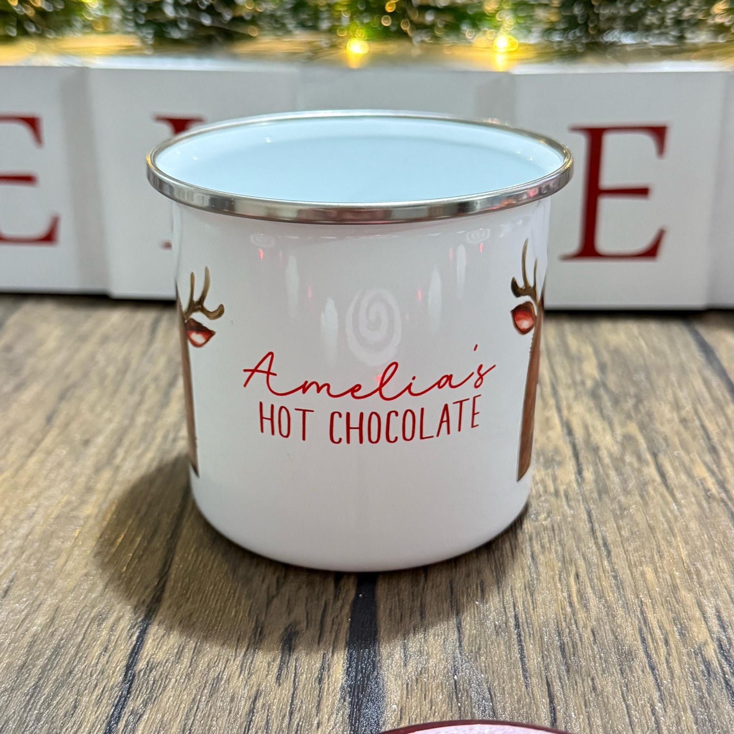 Enamel Mug Reindeer Alphabet initial design stocking filler Christmas gift cute 12oz enamel mug