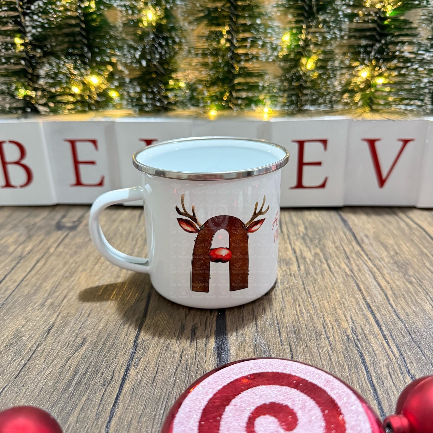 Enamel Mug Reindeer Alphabet initial design stocking filler Christmas gift cute 12oz enamel mug