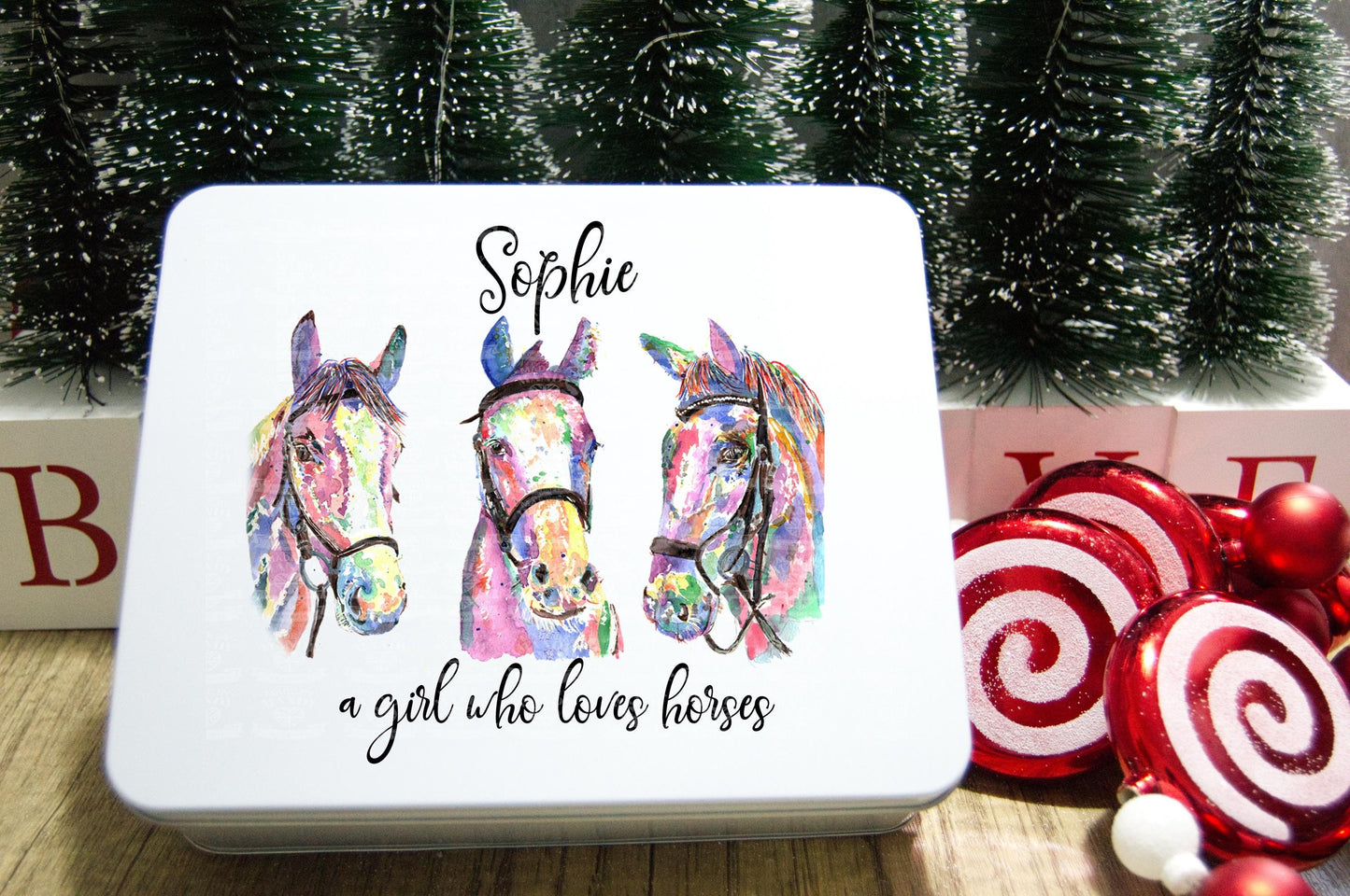 Personalised horse design tin great for storing photos, drawnings, goodies snacks biscuits, storage, hand drawn water coloured horse design