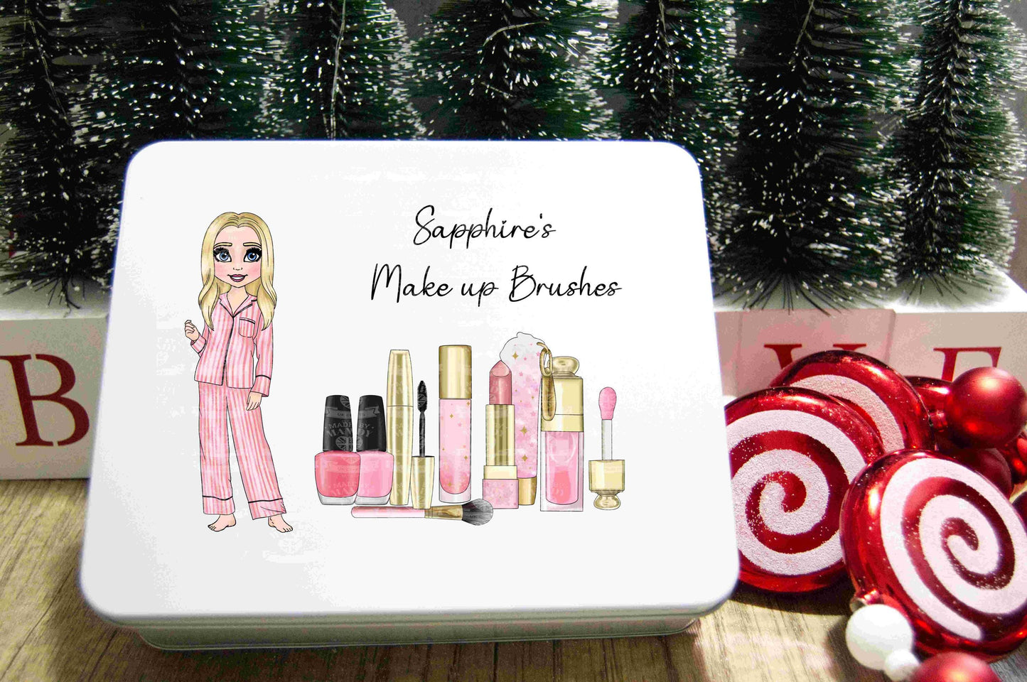 Personalised medium tin for Make up, Brushes, storage, pink makeup with a girl character in pink stripe pyjamas, Christmas, Birthday, Sister