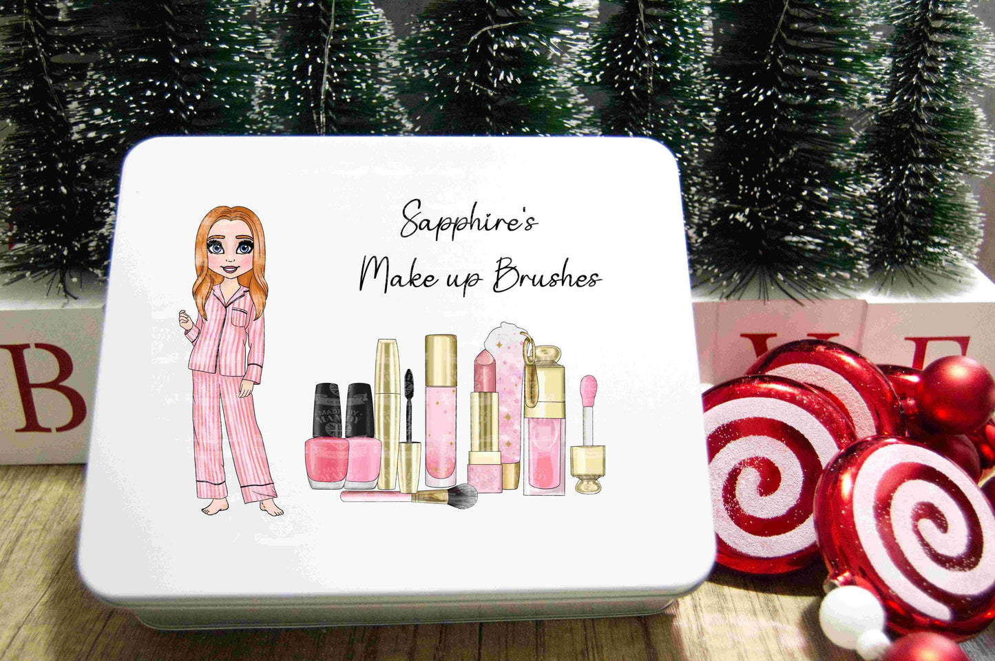 Personalised medium tin for Make up, Brushes, storage, pink makeup with a girl character in pink stripe pyjamas, Christmas, Birthday, Sister