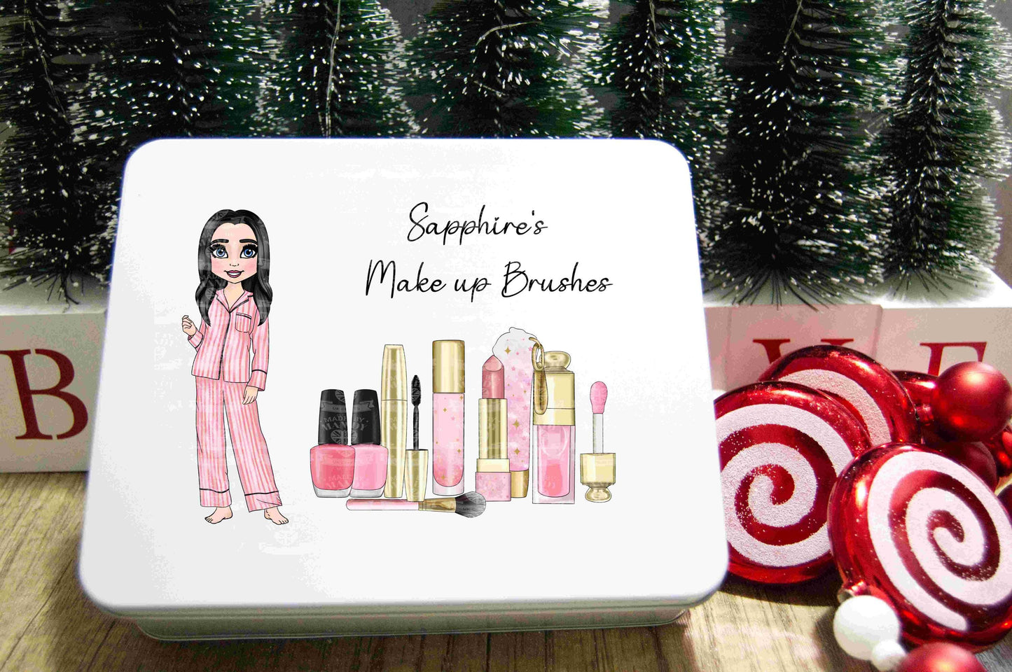 Personalised medium tin for Make up, Brushes, storage, pink makeup with a girl character in pink stripe pyjamas, Christmas, Birthday, Sister
