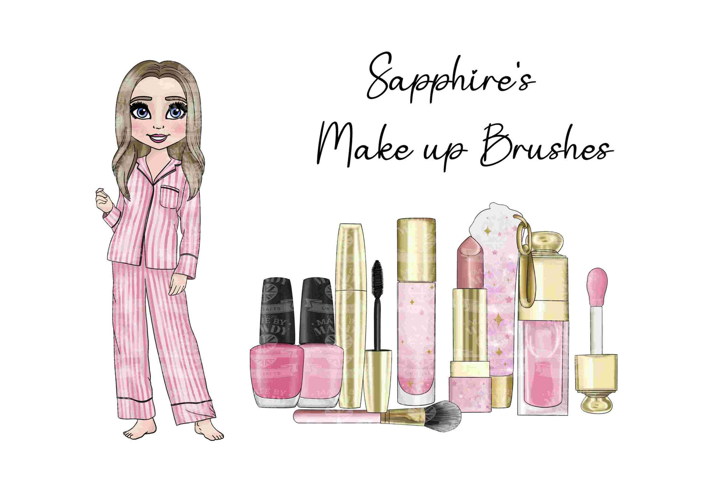 Personalised medium tin for Make up, Brushes, storage, pink makeup with a girl character in pink stripe pyjamas, Christmas, Birthday, Sister