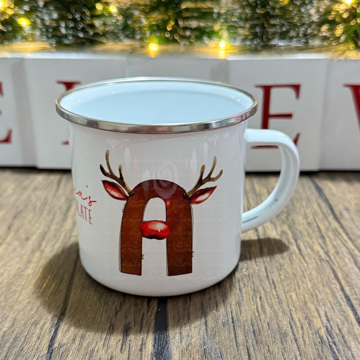 Enamel Mug Reindeer Alphabet initial design stocking filler Christmas gift cute 12oz enamel mug
