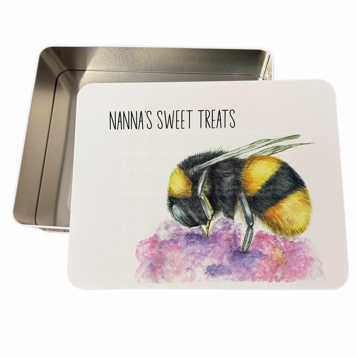 Personalised Hand drawn Bee designed biscuit treat tin. Mother's day Nanny Nanna cookie bake box gift Large tin