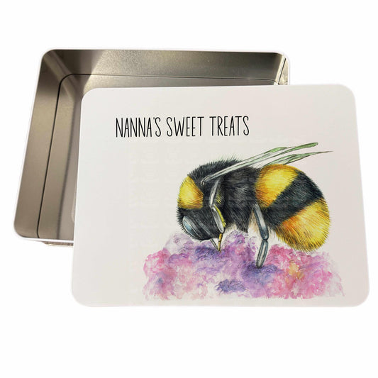 Personalised Hand drawn Bee designed biscuit treat tin. Mother's day Nanny Nanna cookie bake box gift Large tin