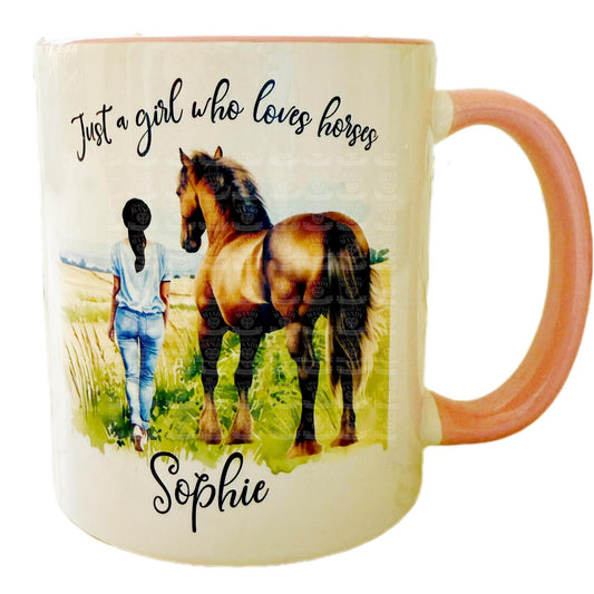 Personalised - a girl who loves horses with a dark haired girl a water colour designed gift mug - gift for all occasions gift girl