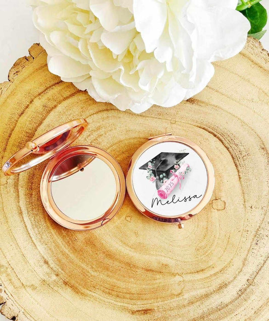 Personalised rose gold compact pocket mirror for Graduation gift with a pink floral cap and scroll design Degree gift, Graduation gift