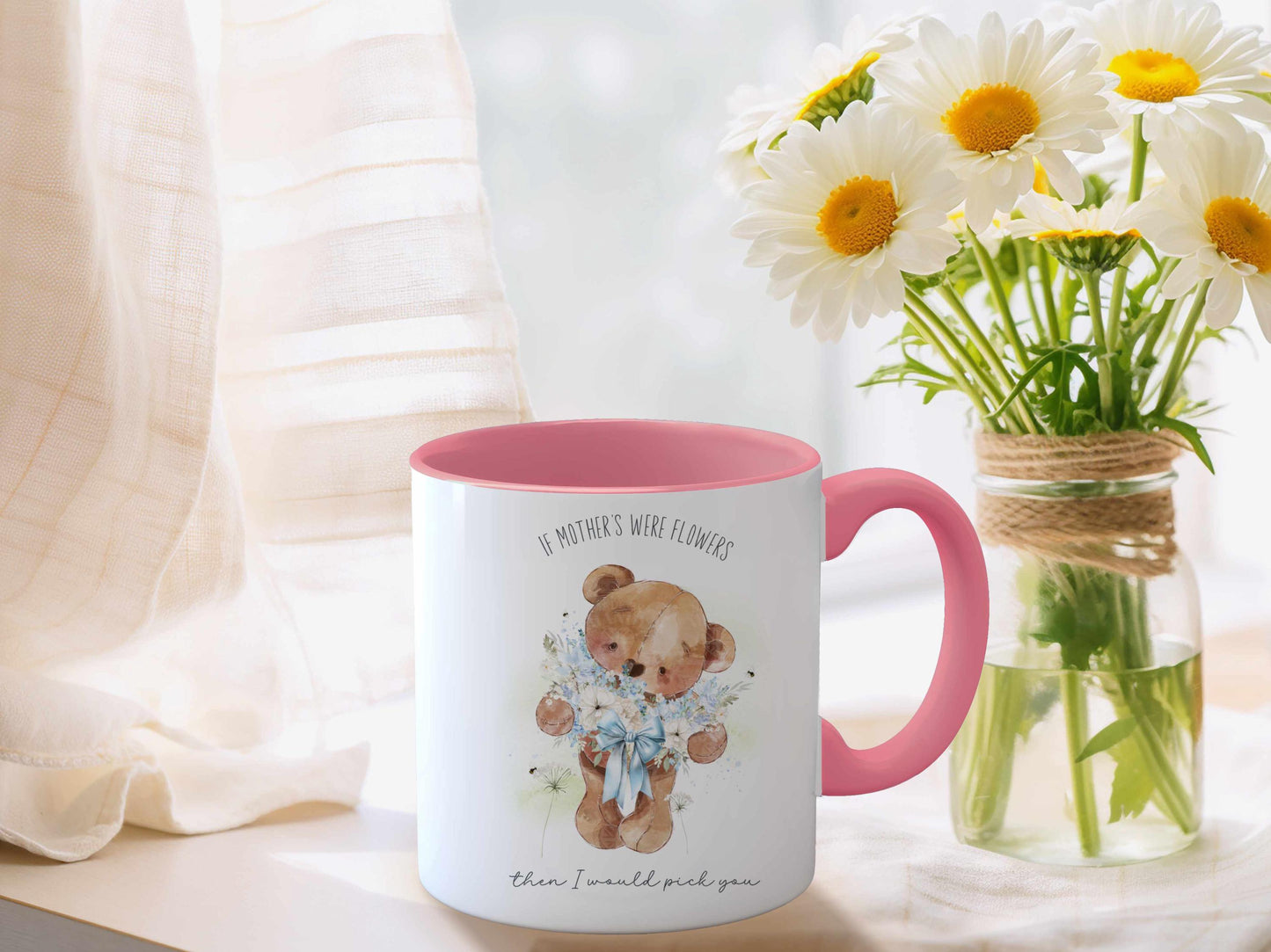 Mother's day mug with cute hand drawn bear holding a bouquet of flowers. Gift for Mum Nanny Grandma Mother in law Auntie Sister