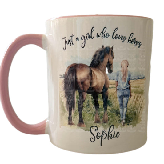 Personalised - a girl who loves horses with a blonde haired girl a water colour designed gift mug - gift for all occasions gift girl