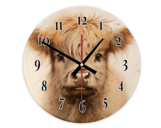 Highland Cow Glass Wall Clock, 31 cm Diameter, Round Decorative Timepiece Modern farmhouse style, Mother's day gift, new home office gift