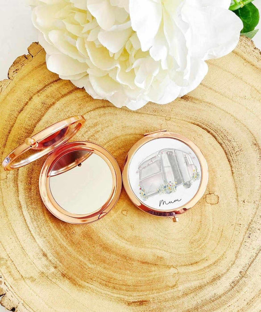Personalised rose gold compact pocket mirror with a pink caravan and flowers Sister Mum aunt Nanna Bridesmaid Gift