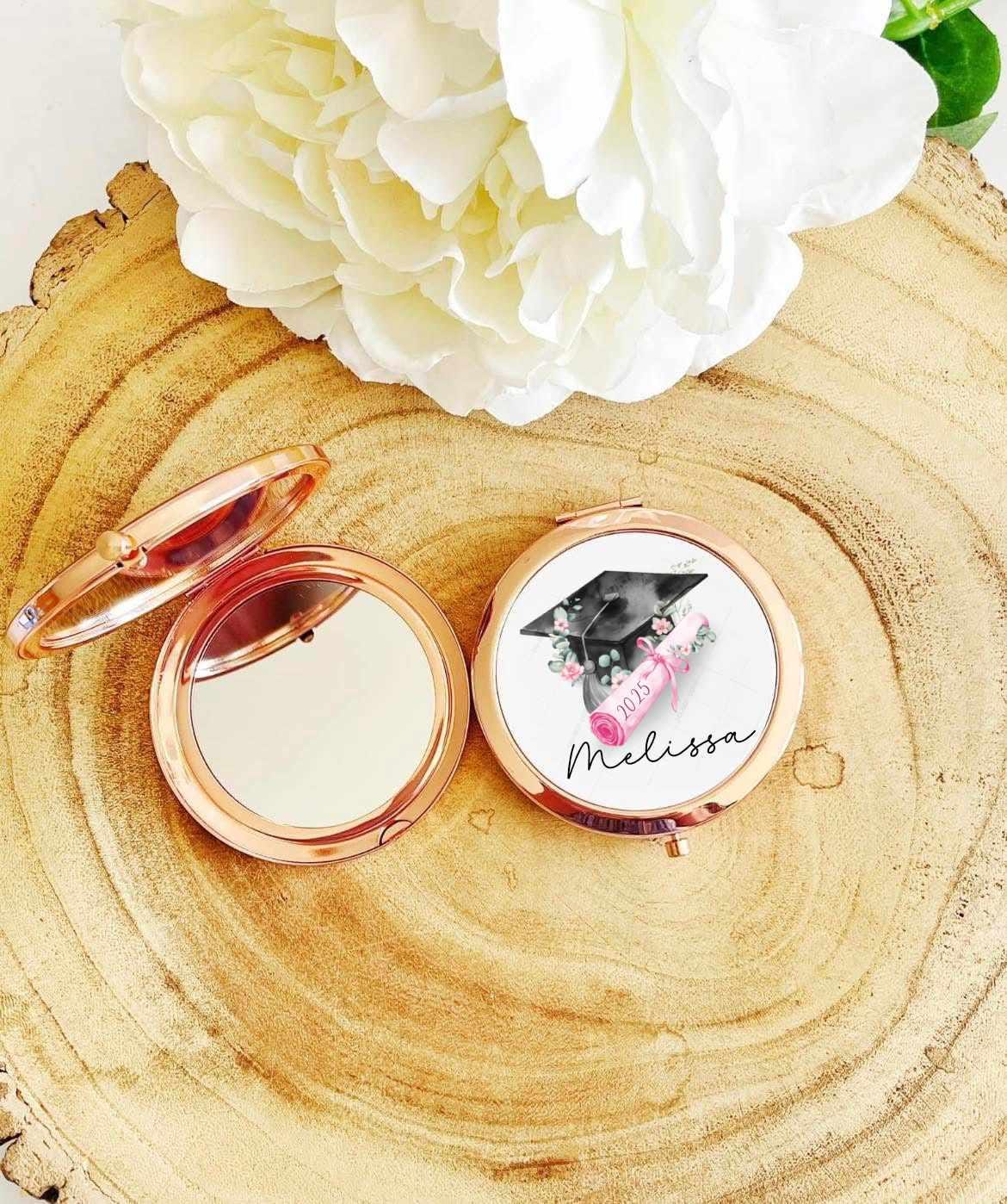Personalised rose gold compact pocket mirror for Graduation gift with a pink floral cap and scroll design Degree gift, Graduation gift
