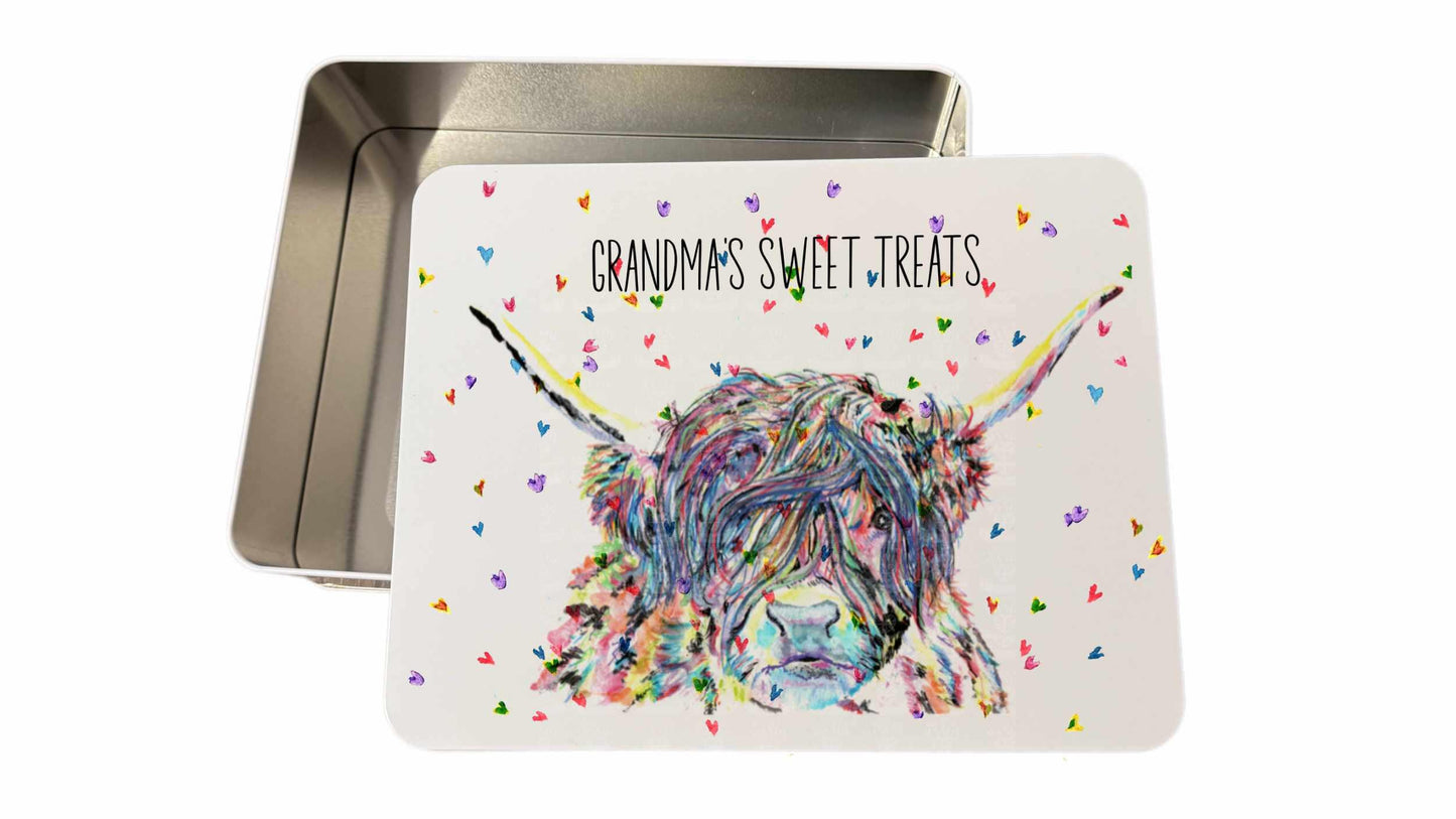 Personalised Hand drawn Highland cows designed biscuit treat tin. Mother's day Nanny Nanna cookie bake box gift Large tin