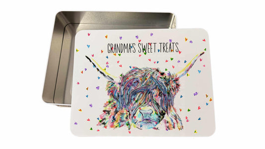 Personalised Hand drawn Highland cows designed biscuit treat tin. Mother's day Nanny Nanna cookie bake box gift Large tin