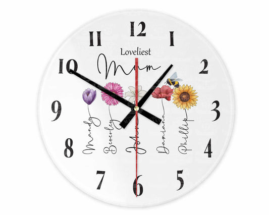 Personalised flower stems with Water colour flower head  Glass Wall Clock, 31 cm in Diameter, Round Decorative Timepiece Mum Nana Aunty Mam