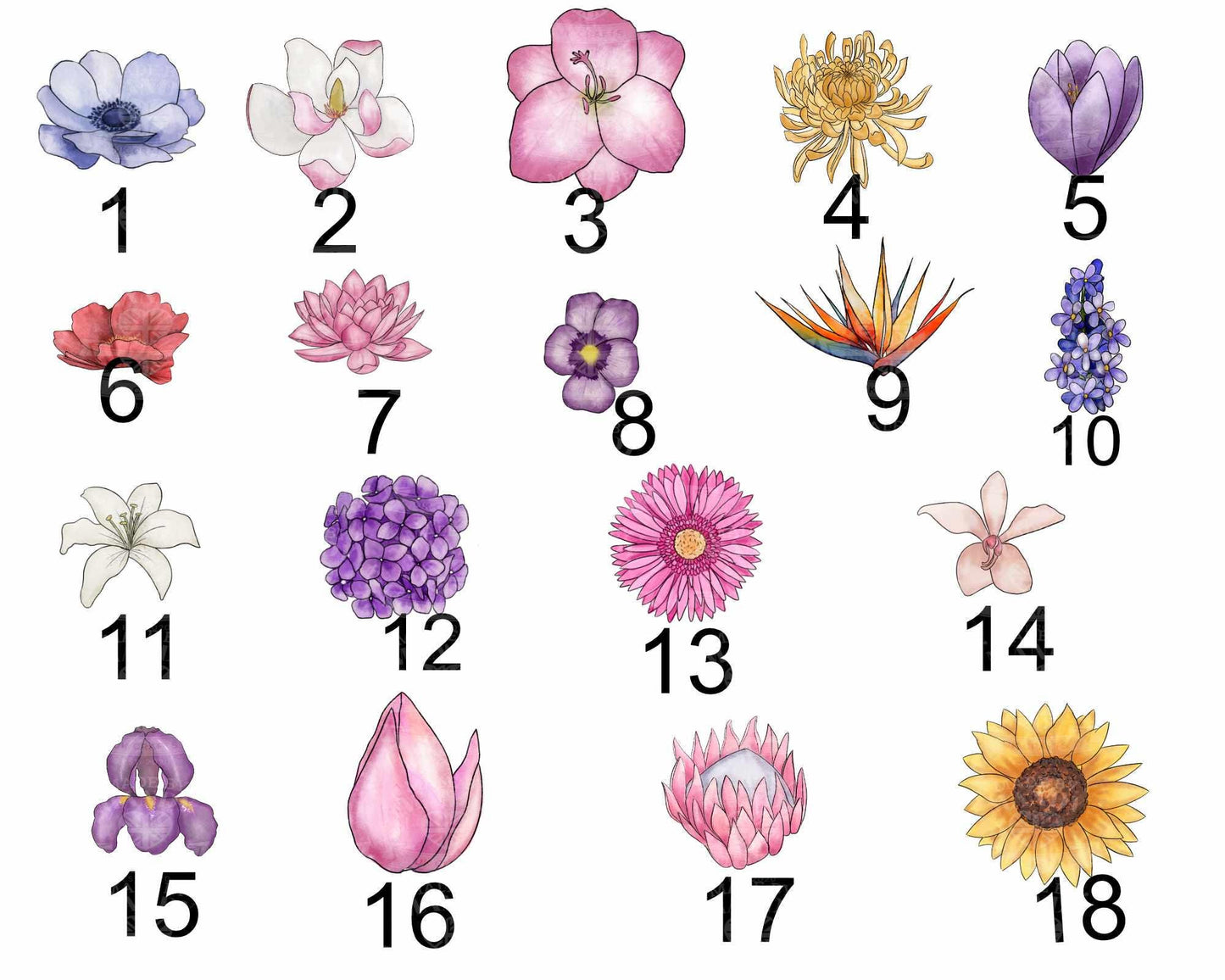 Personalised flower stems with Water colour flower head  Glass Wall Clock, 31 cm in Diameter, Round Decorative Timepiece Mum Nana Aunty Mam