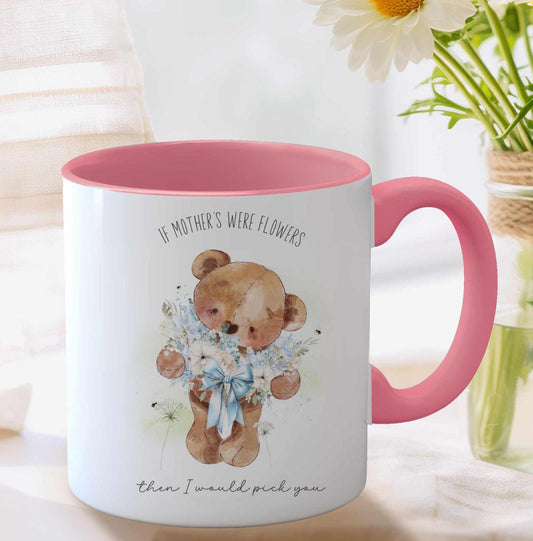 Mother's day mug with cute hand drawn bear holding a bouquet of flowers. Gift for Mum Nanny Grandma Mother in law Auntie Sister