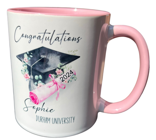 Graduation Mug 11oz Congratulation coffee mug. Pink certificate scroll and graduation cap design on a pink inner and pink handled mug, great gift for granddaughter daughter sister friend niece