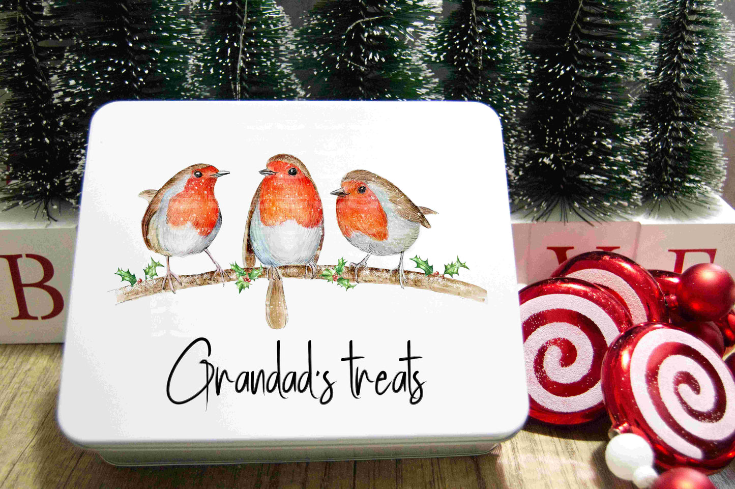 Personalised Biscuit cookie tin for treats, goodies snacks biscuits, storage, hand drawn Robins, Christmas, birthday, any occasion