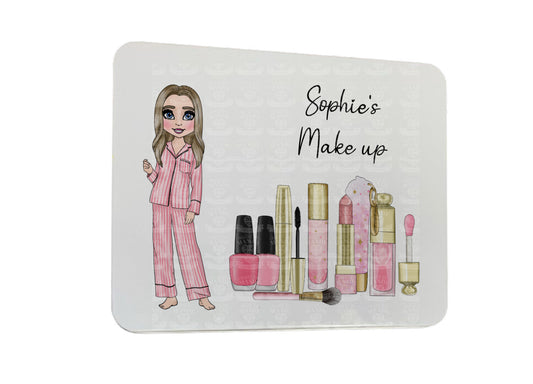 Girls Medium storage tin for make up, brushes, snacks, treats, candles Personalised with pink makeup with a girl character in pink stripe pyjamas, gift for Christmas, birthday, any occasion